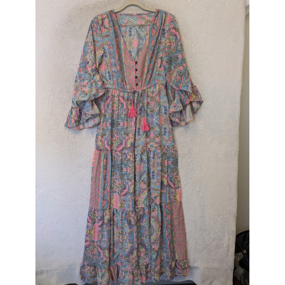Shein Maxi Dress Women's Small Pink Paisley Boho Tiered Tassel V-Neck Flutter